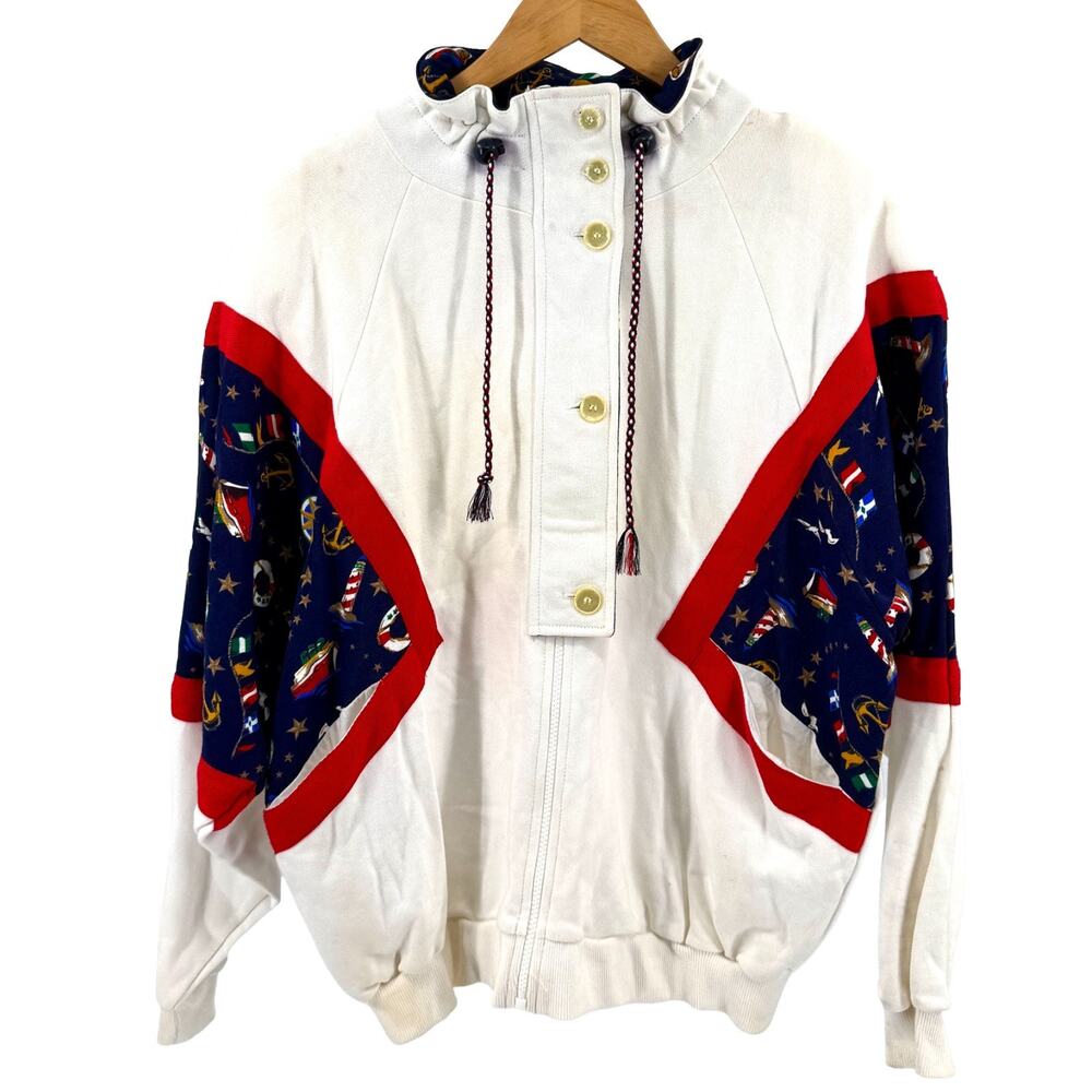 Vintage 90s White Red 100% Cotton Nautical Flag Colorblock Sweatshirt Jacket